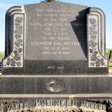 HUBINGER Sarel Johannes Matthys 1887-1959 &amp; Elizabeth MATTHEE 1896-1968