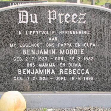 PREEZ Benjamin Moodie, du 1923-1982 &amp; Benjamina Rebecca 1925-1998