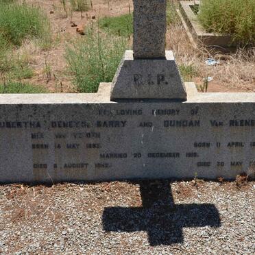 BARRY Duncan Van Reenen 1885-19?2 &amp; Hubertha Deneys VAN VELDEN 1893-19?2