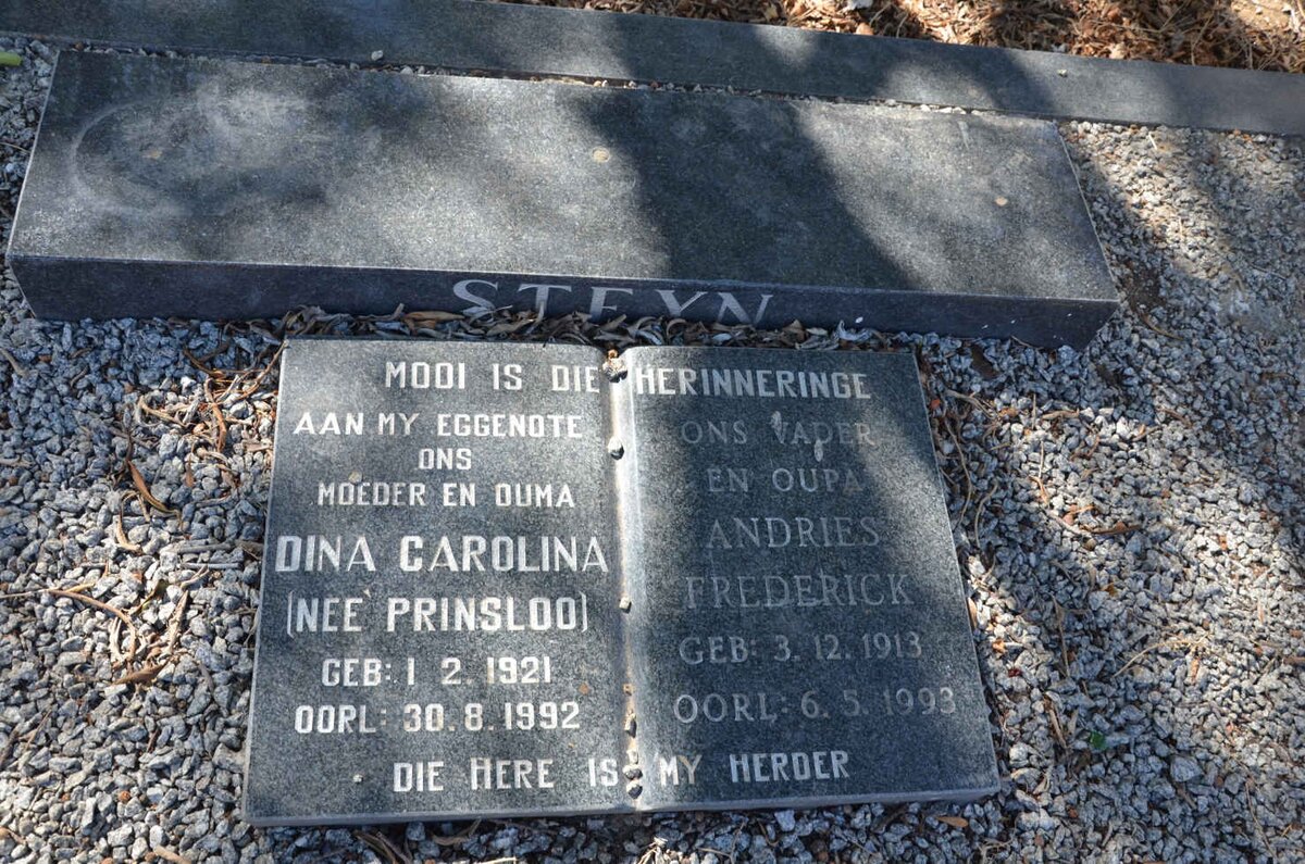 STEYN Andries Frederick 1913-1993 &amp; Dina Carolina PRINSLOO 1921-1992