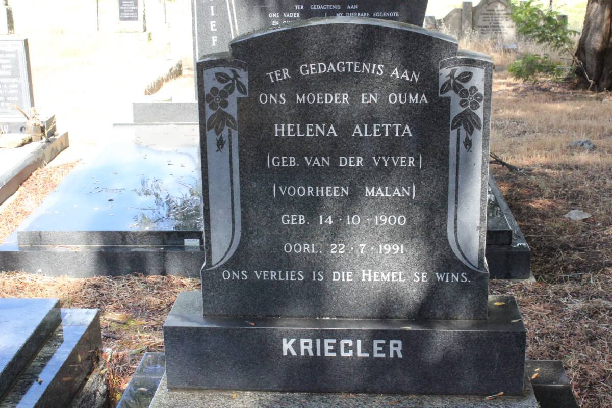 KRIEGLER Helena Aletta, formerly MALAN, nee V.D. VYVER 1900-1991