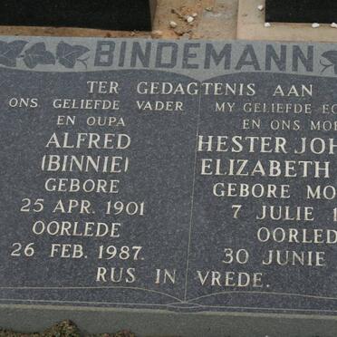BINDEMANN Alfred 1901-1987 &amp; Hester Johanna Elizabeth MOSTERT 1908-1978