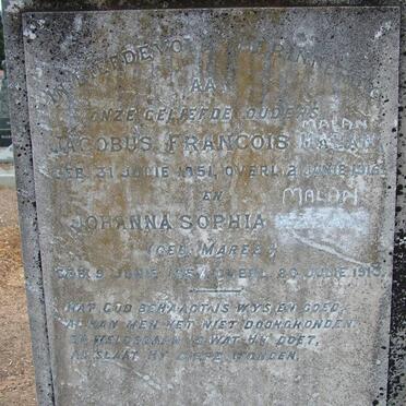 MALAN Jacobus Francois 1851-1916 &amp; Johanna Sophia MAREE 1857-1913
