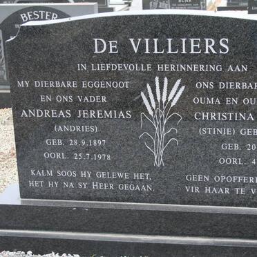VILLIERS Andreas Jeremias, de 1897-1978 &amp; Christina Johanna JORDAAN 1917-2010