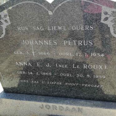 JORDAAN Johannes Petrus 1866-1934 &amp; Anna E.J. LE ROUX 1869-1959