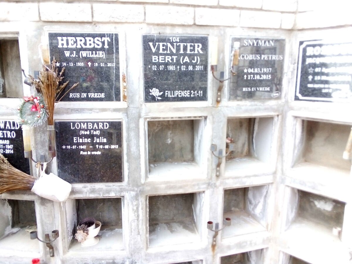 HERBST W.J. 1935-2013 :: VENTER A.J. 1965-2011 ::  SNYMAN Jacobus Petrus 1937-2015 :: LOMBARD Elaine Julia nee TAIT 1942-2012