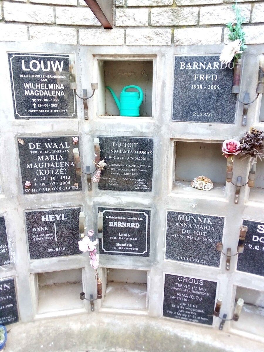 LOUW Wilhelmina Magdalena 1933-2021 :: BARNARDO Fred 1938-2005 :: WAAL Maria Magdalena, de nee KOTZÉ 1913-2004