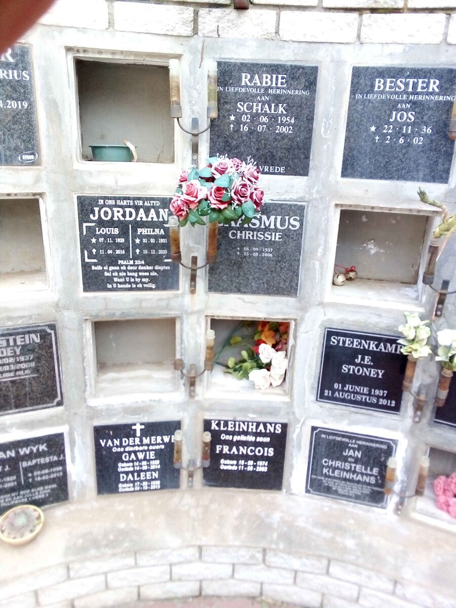 RABIE Schalk 1954-2002 :: BESTER Jos 1936-2002 :: JORDAAN Louis 1929-2016 &amp; Philna 1931-2020 :: ERASMUS Chrissie 1937-2006