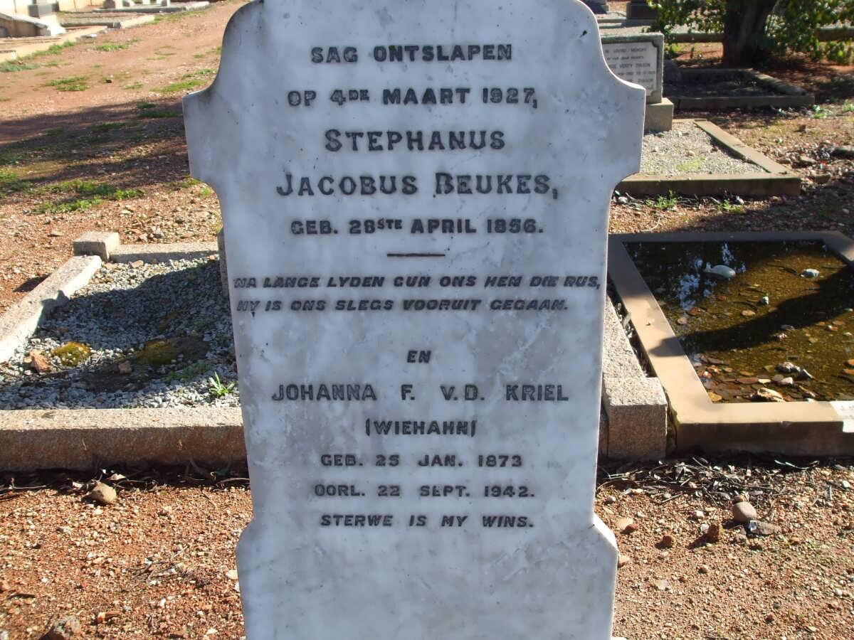 BEUKES Stephanus Jacobus 1856- :: KRIEL Johanna F.v.D. nee WIEHAHN 1873-1942