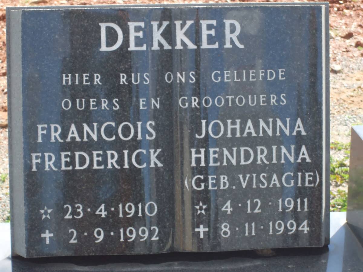 DEKKER Francois Frederick 1910-1992 &amp; Johanna Hendrina VISAGIE 1911-1994