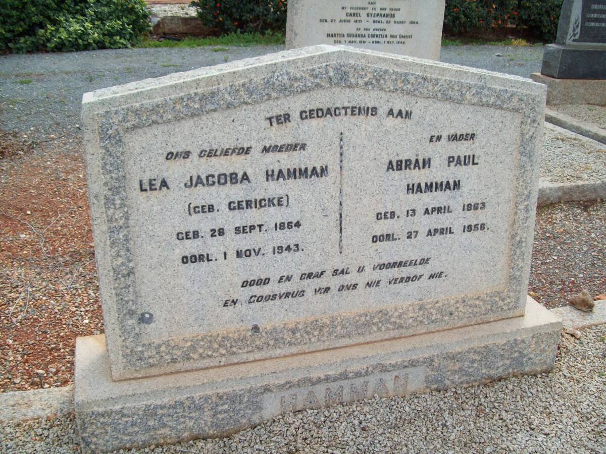 HAMMAN Abram Paul 1863-1956 &amp; Lea Jacoba GERICKE 1864-1943