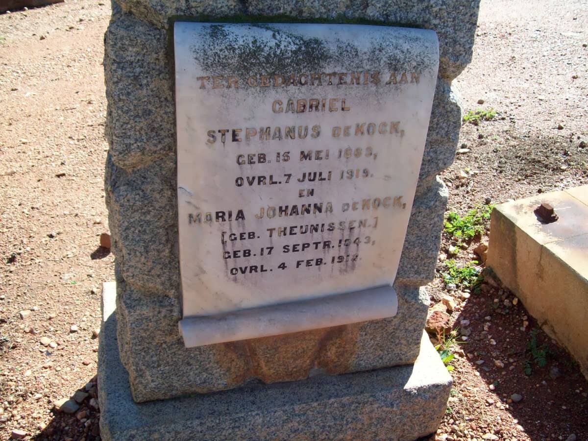 KOCK Gabriel Stephanus, de 1869-1919 :: DE KOCK  Maria Johanna nee THEUNISSEN 1843-191?