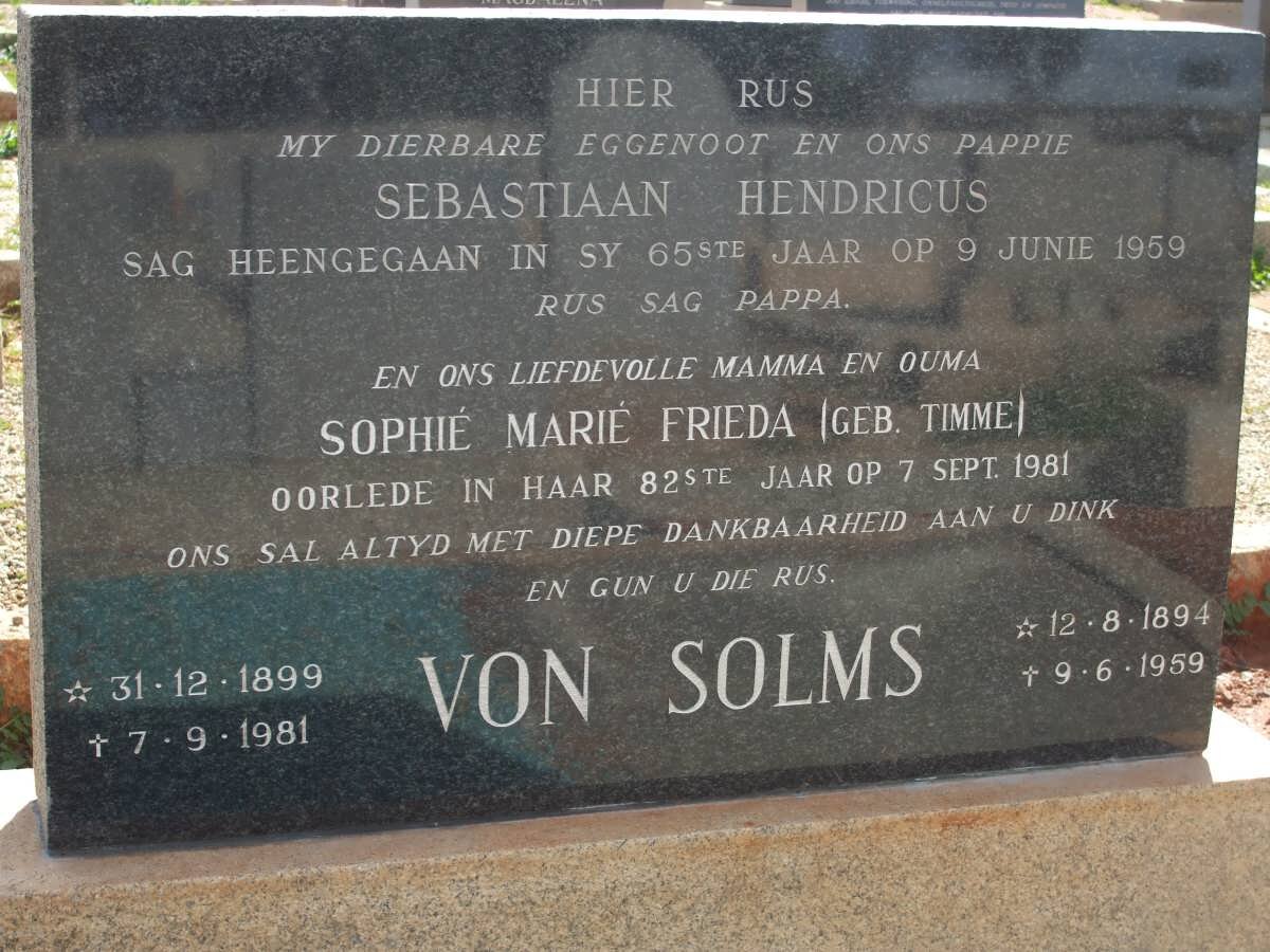 SOLMS Sebastiaan Hendricus 1894-1959 &amp; Sophie Marie Frieda TIMME 1899-1981