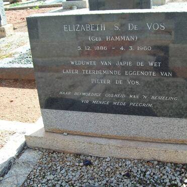 VOS Elizabeth S., de previously DE WET nee HAMMAN 1886-1960