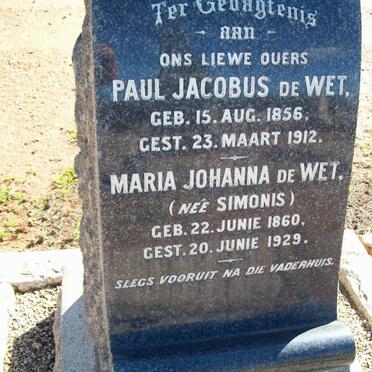WET Paul Jacobus, de 1856-1912 &amp; Maria Johanna SIMONIS 1860-1929