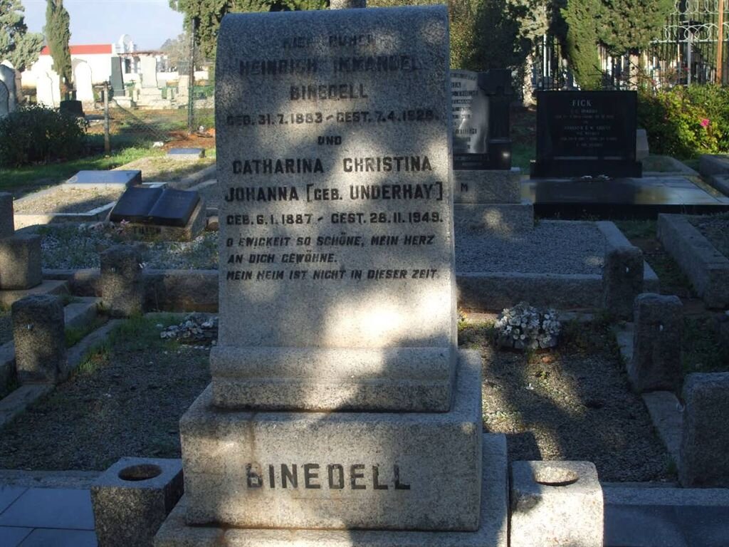 BINEDELL Heinrich Immanuel 1883-1928 &amp; Catharina Christina Johanna UNDERHAY 1887-1949