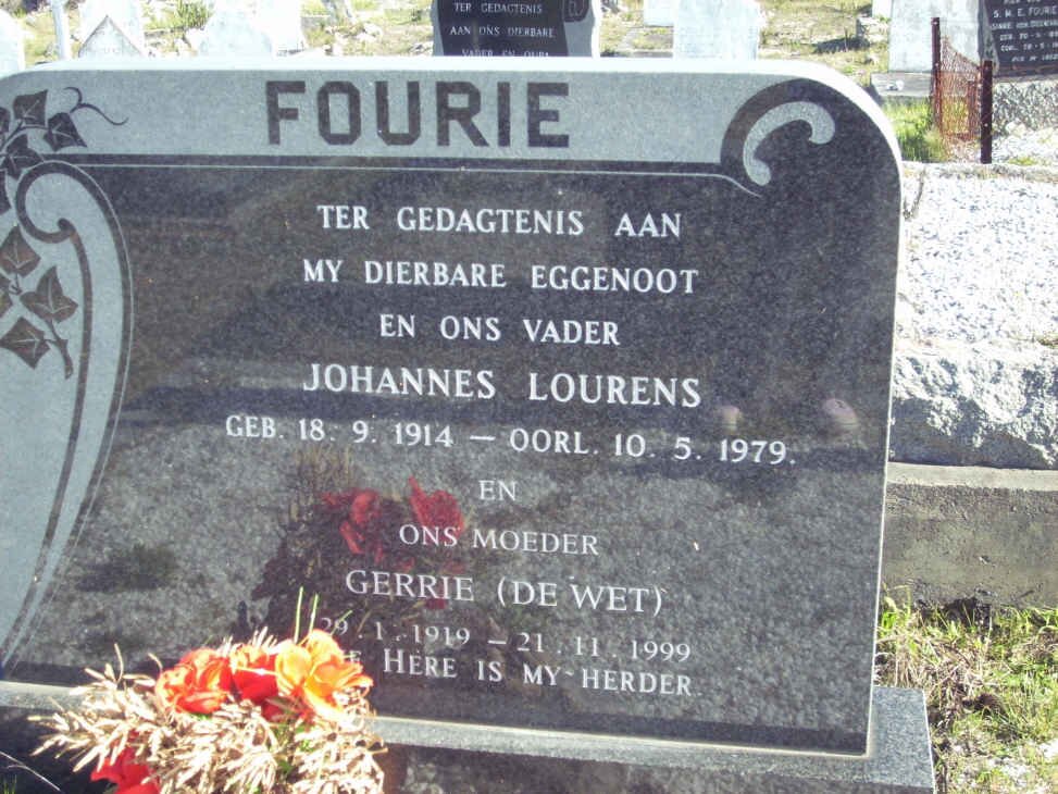 FOURIE Johannes Lourens 1914-1979 &amp; Gerrie DE WET 1919-1999