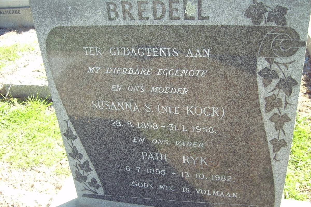 BREDELL Paul Ryk 1896-1982 &amp; Susanna S. KOCK 1898-1958