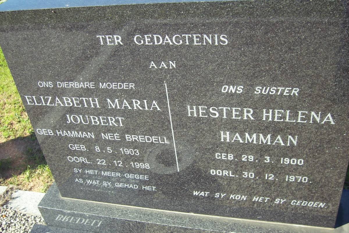 JOUBERT Elizabeth Maria nee HAMMAN voorheen BREDELL 1903-1998 :: HAMMAN Hester Helena 1900-1970
