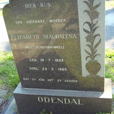 ODENDAL Elizabeth Magdalena nee SCHOONWINKEL 1883-1965