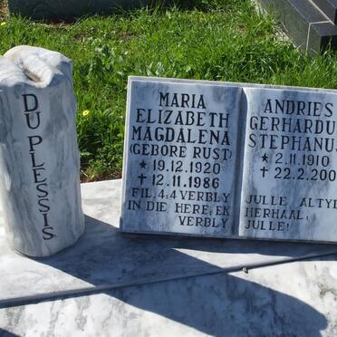 PLESSIS Andries Gerhardus Stephanus, du 1910-2007 &amp; Maria Elizabeth Magdalnea RUST 1920-1986