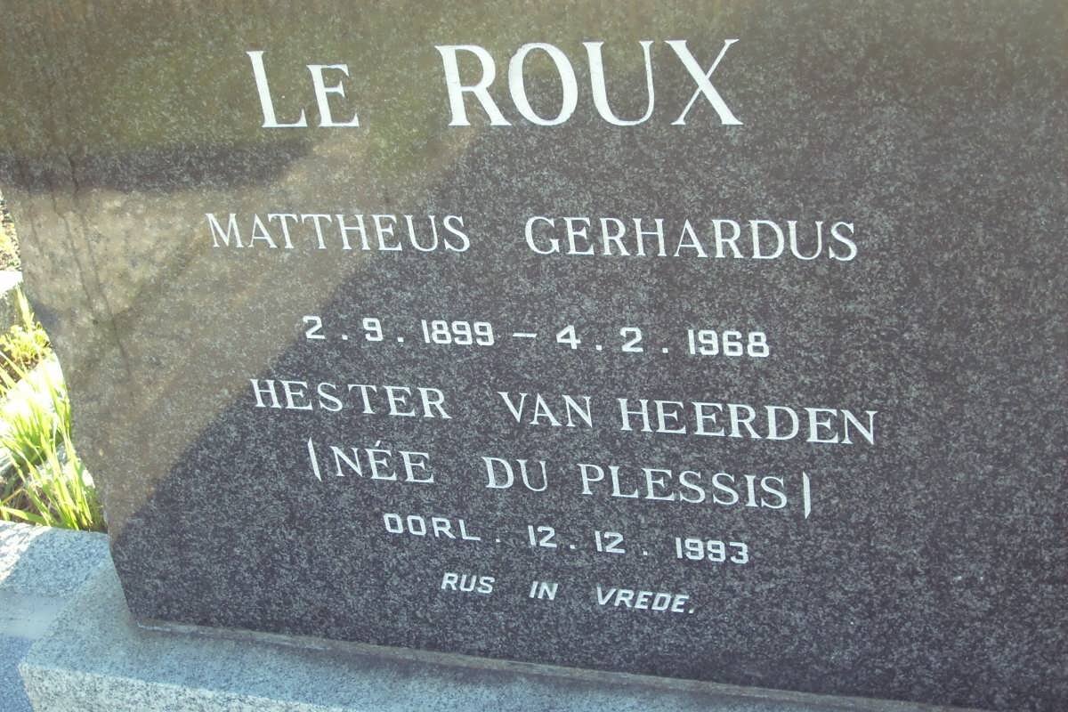 ROUX Mattheus Gerhardus, le 1899-1968 &amp; Hester van Heerden DU PLESSIS -1993