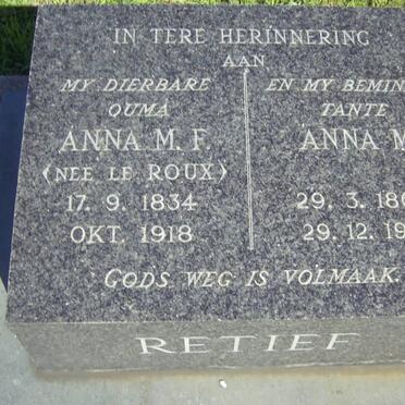 RETIEF Anna M.F. nee LE ROUX 1834-1918 :: RETIEF Anna M. 1862-1961