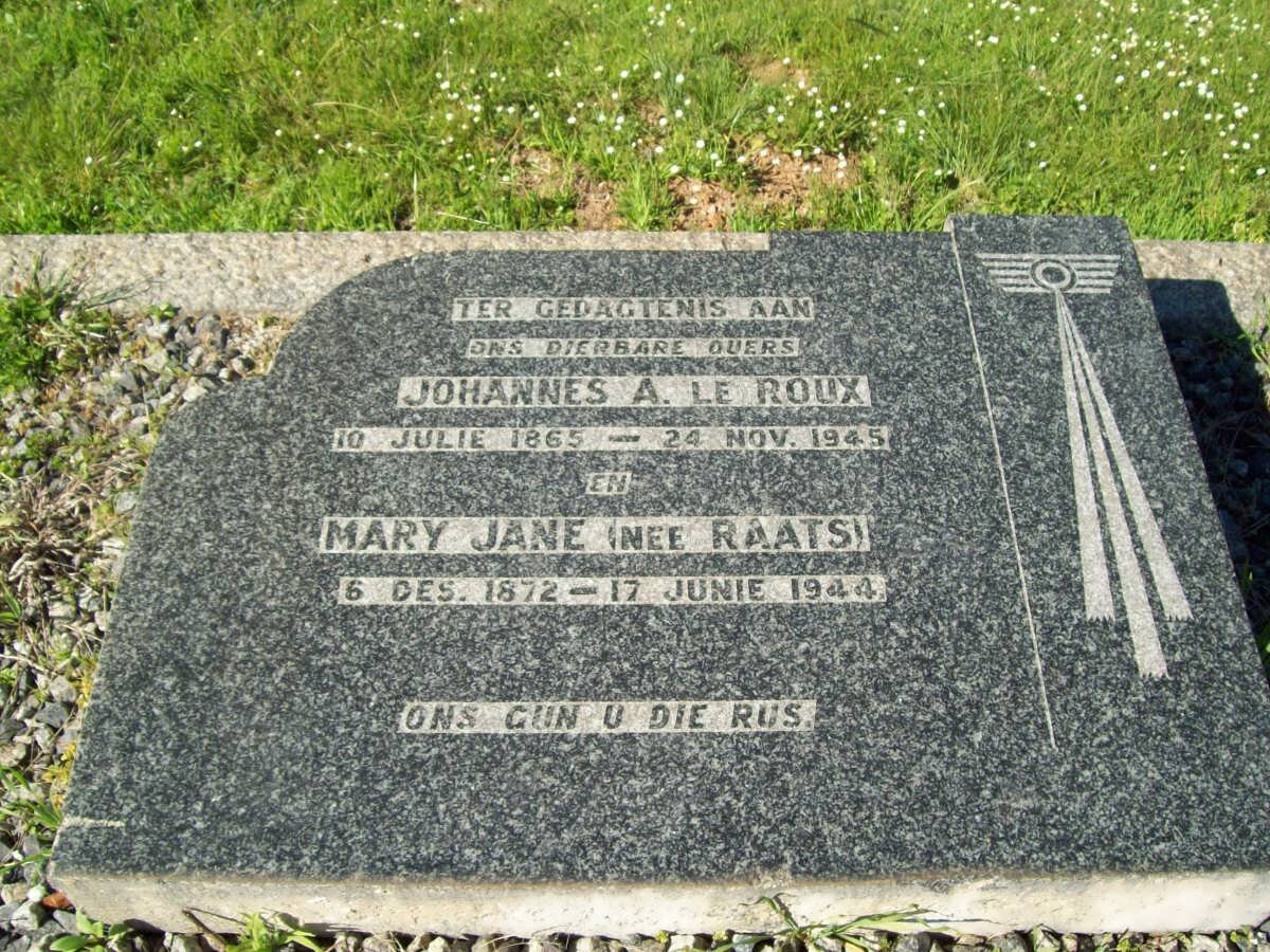 ROUX Johannes A., le 1865-1945 &amp; Mary Jane RAATS 1872-1944