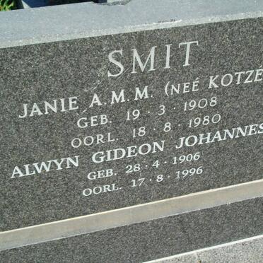 SMIT Alwyn Gideon Johannes 1906-1996 &amp; Janie A.M.M. KOTZé 1908-1980