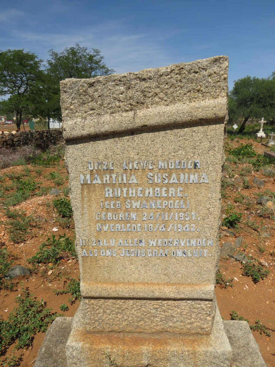 RUTHENBERG Martha Susanna nee SWANEPOEL 1857-1942