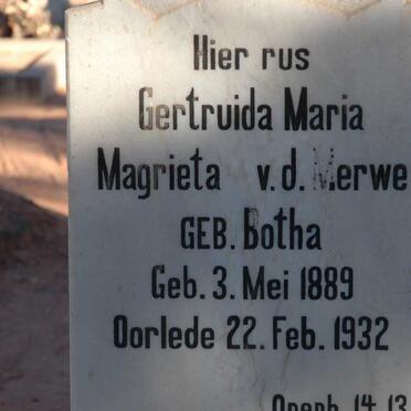 MERWE Gertruida Maria Magrieta, v.d. nee BOTHA 1889-1932