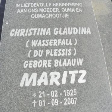 MARITZ Christina Glaudina formely WASSERFALL formerly DU PLESSIS nee BLAAUW 1925-2007
