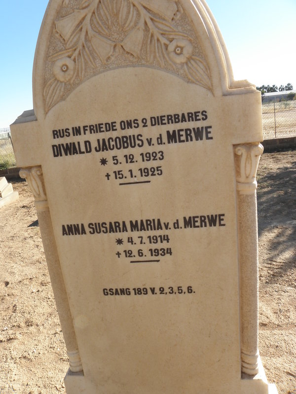 MERWE Diwald Jacobus, v.d. 1923-1923 :: VAN DER MERWE Anna Susara Maria 1914-1934
