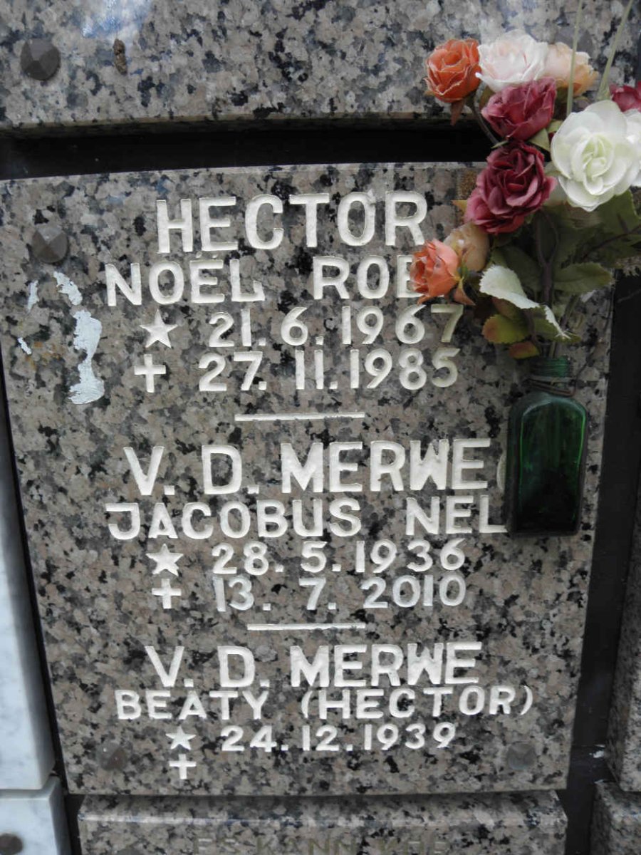 MERWE Jacobus Nel, v.d. 1936-2010 &amp; Beaty voorheen HECTOR 1939- :: HECTOR Noel Roe? 1967-1985