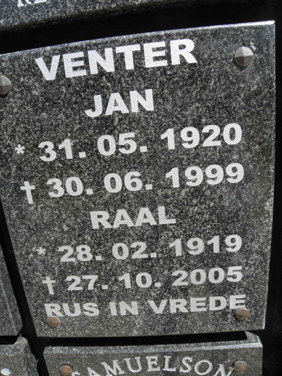 VENTER Jan 1920-1999 &amp; Raal 1919-2005