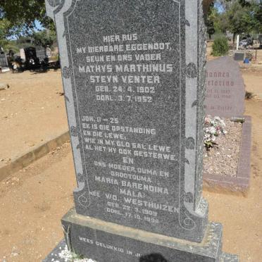 VENTER Mathys Marthinus Steyn 1902-1952 &amp; Maria Barendina V.D WESTHUIZEN 1909-1998
