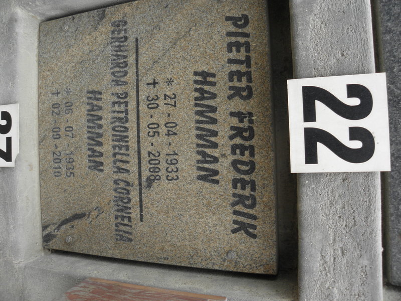 HAMMAN Pieter Frederik 1933-2008 &amp; Gerharda Petronella Cornelia 1935-2010