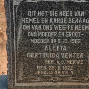 VENTER Markus Albertus 1869-1950 &amp; Aletta Gertruida V.D. MERWE 1872-1962