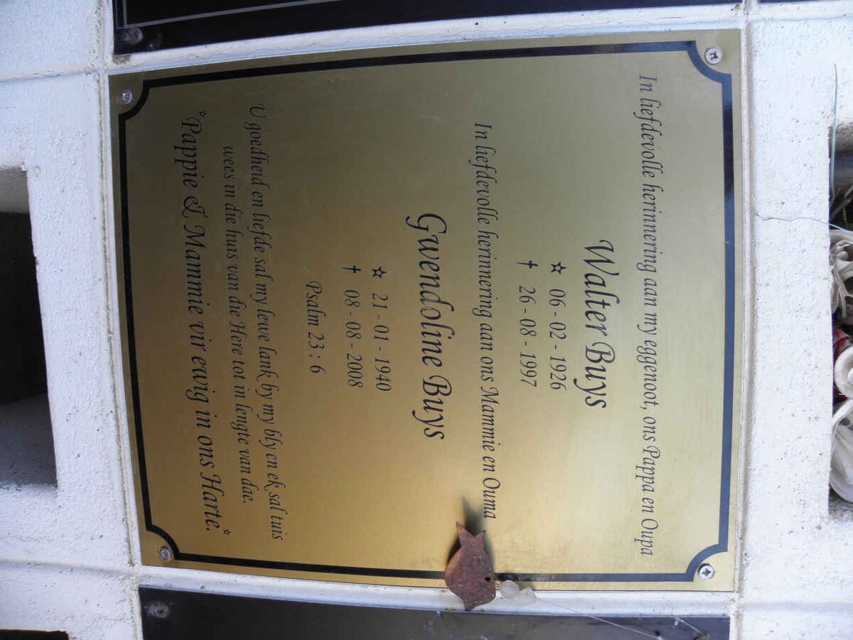 BUYS Walter 1926-1997 &amp; Gwendoline 1940-2008
