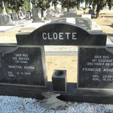 CLOETE Francois Arnoldus 1930-1993 &amp; Martha Maria 1938-