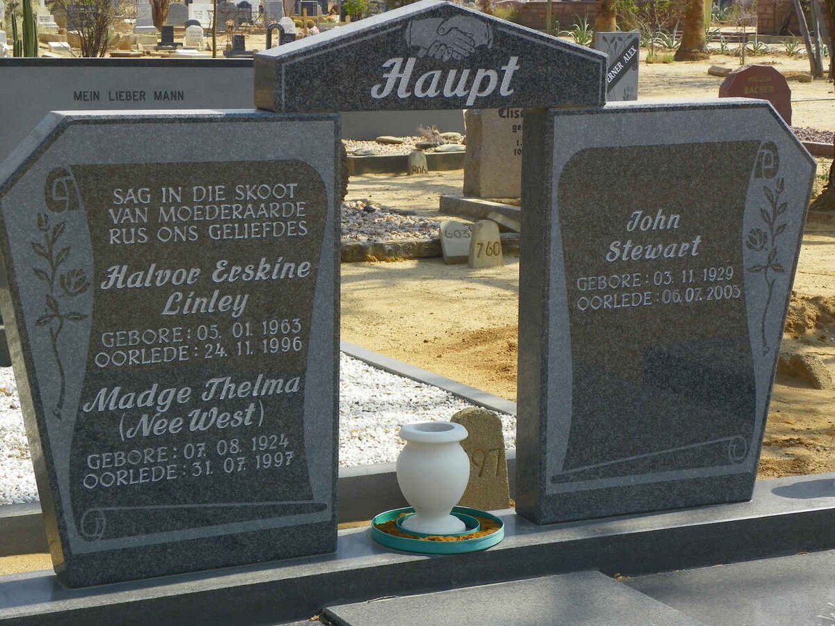 HAUPT Madge Thelma nee WEST 1924-1997 :: HAUPT John Stewart 1929-2005 :: HAUPT Halvor Eskine Linley 1963-1996