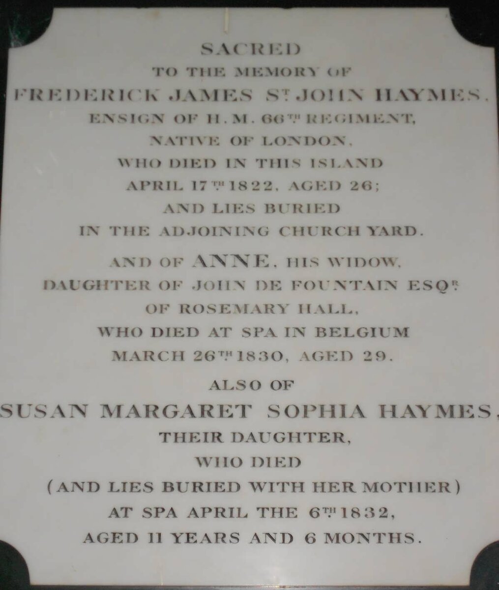 HAYMES Frederick James St. John -1822 &amp; Anne DE FOUNTAIN -1830 :: HAYMES Susan Margaret Sophia -1832